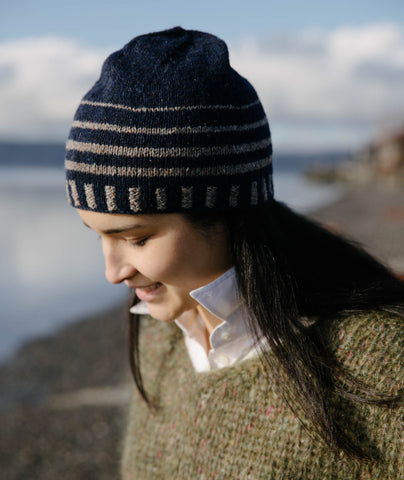 Up & About Striped Beanie in Rowan Valley Tweed - Navy
