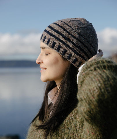 Up & About Striped Beanie in Rowan Valley Tweed - Littondale