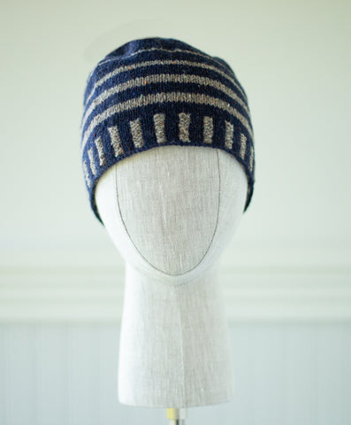 Up & About Striped Beanie in Rowan Valley Tweed - Navy