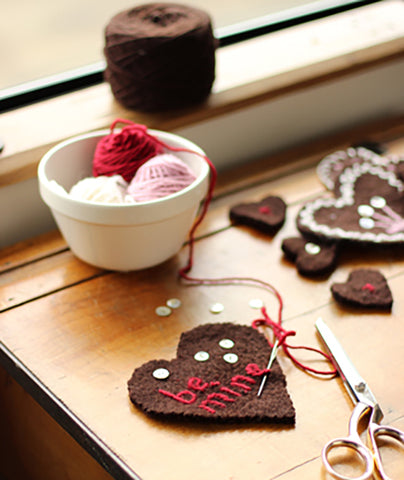 Felted Heart Ornaments Using Brown Sheep Lamb's Pride Worsted
