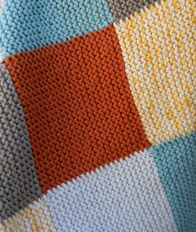 Garter Blocks Baby Blanket: 5-Color Version Using Blue Sky Fibers Printed and Organic Cotton Worsted