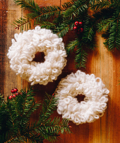 Woolly Wreath Ornaments Using Brown Sheep Lamb's Pride Worsted