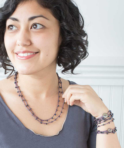 Crocheted Beaded Necklace & Wrap Bracelet Using Habu Root Sizing Silk